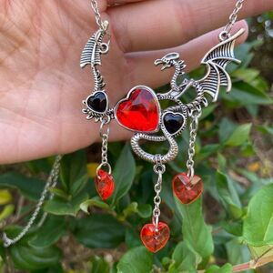 Gothic Renaissance Dragon Heart Pendant Necklace Red & Black Silver Tone